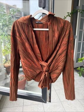 ZARA Burnt Orange Pleated Tie-Front Blouse